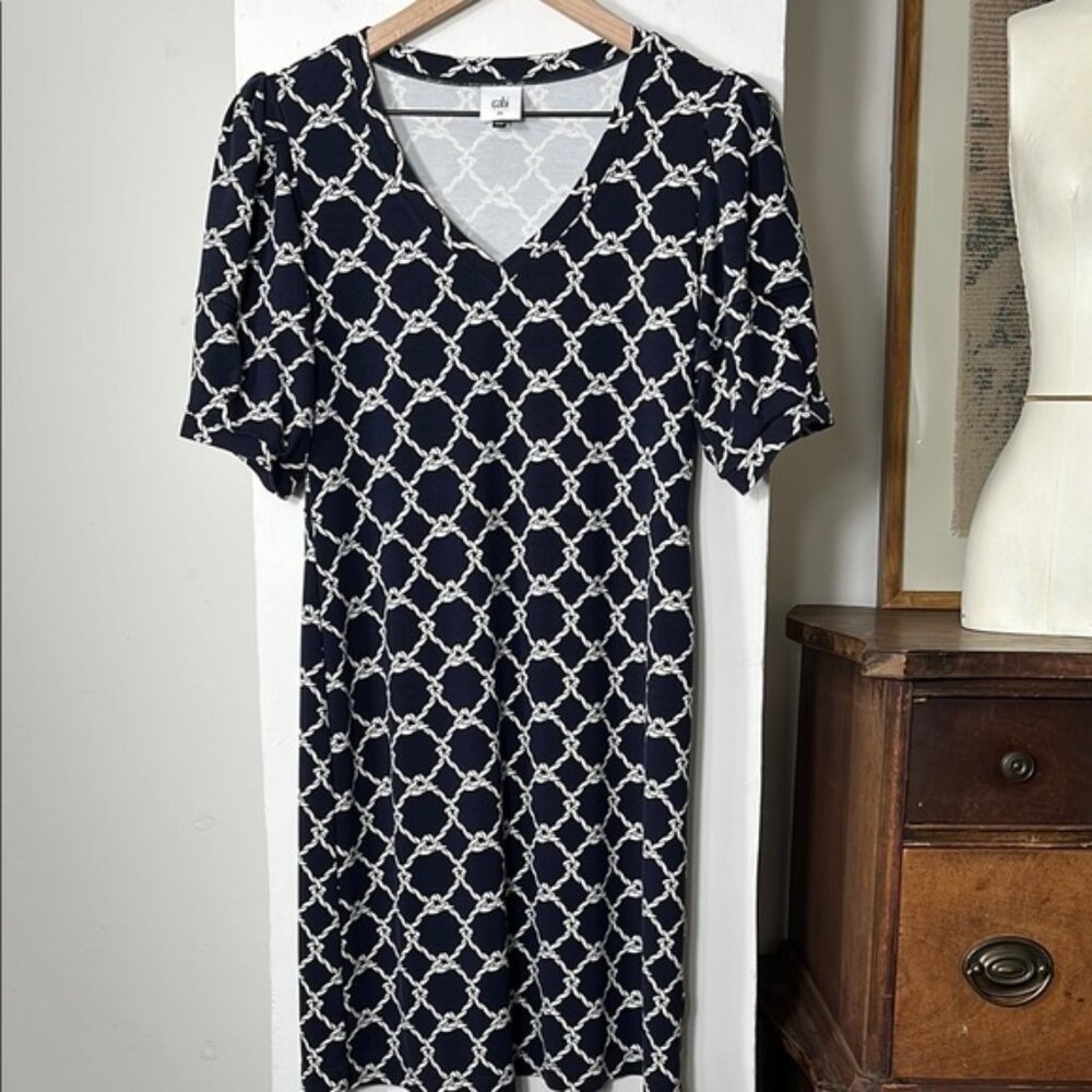 CAbi Navy and White Chain Print Dress
